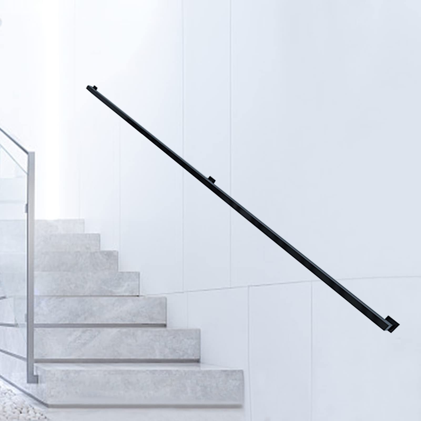 Black Handrail for Stairs - Complete Kit, Industrial Stair Railings Grab Bar Safety Support Rod, Wall Mounted Metal Wrought Iron Handrail for Indoor and Outdoor(19ft/570cm)