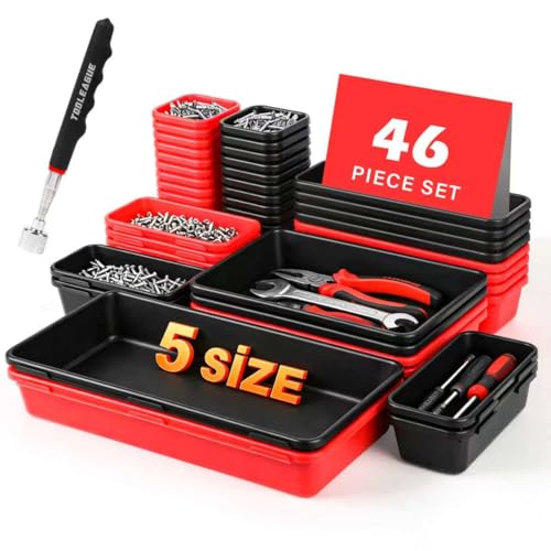 TOOLEAGUE 46Pcs & 5 Sizes Tool Box Organizer Tray Set with 15Lb Magnetic Pickup Pen Drawer Organizer Bin Garage Organization and Storage Workshop Rolling Tool Chest WorkBench Small Part(Black Red)