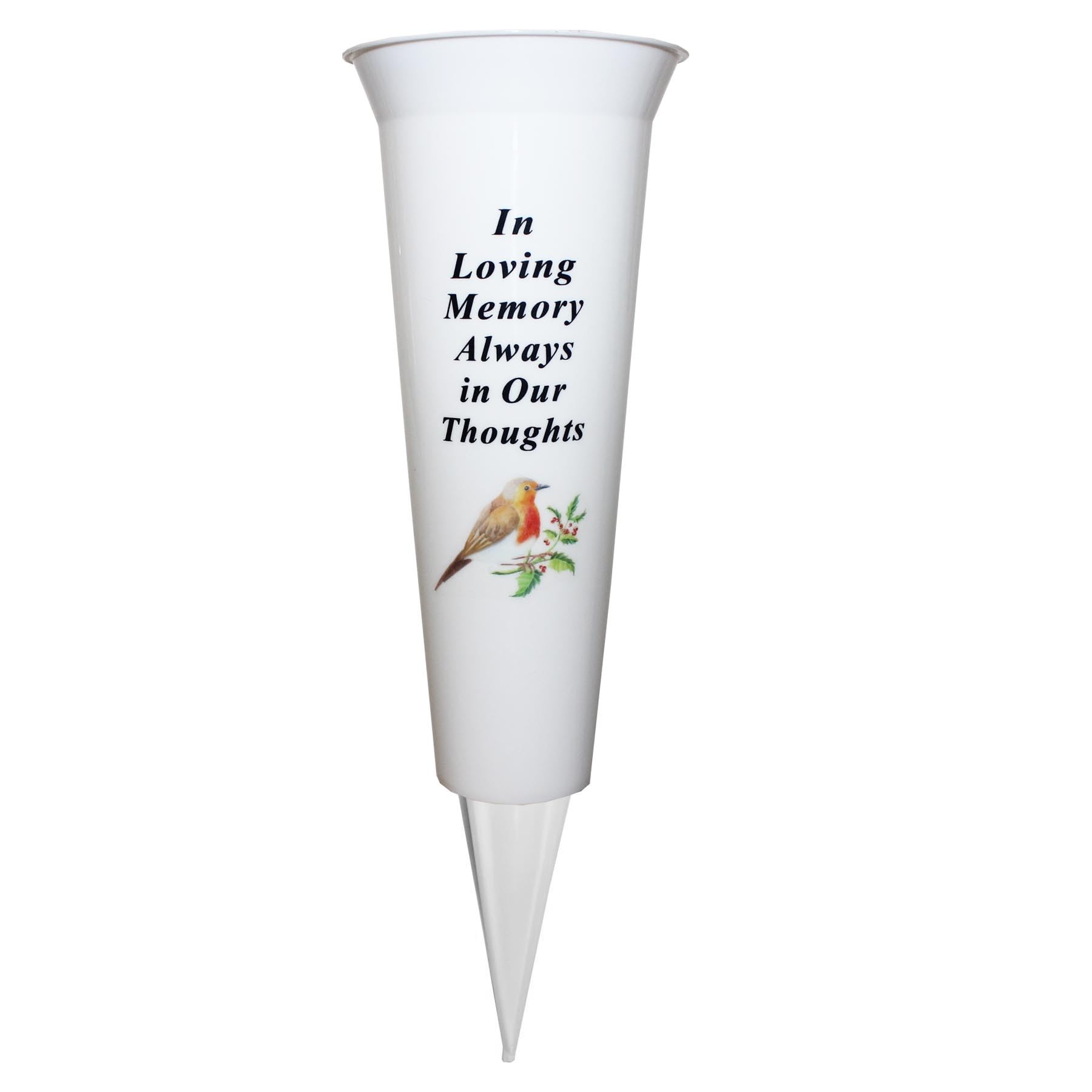 Widdle Gifts In Loving Memory Memorial Grave Flower Pot - 33Cm Tall Sturdy White Memorial Graveside Flower Vase With Spike And Robin Image (In Loving Memory)