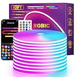 RGB+IC LED Neon Rope Lights 10Ft,Music Sync Flexible Neon Rope Lights Color Changing,Control with App/Remote,Multiple Modes,IP67 Waterproof Neon Strip Lights for Bedroom Outdoors Indoor