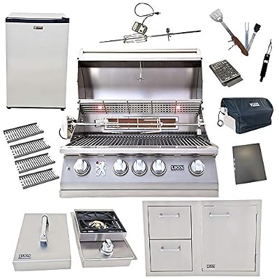 Lion 32-Inch Natural Gas Grill L75000 with 4 Ceramic Tubes w/ Flame Tray and Door and Drawer Combo and Single Side Burner and Refrigerator and 5 in 1 BBQ Tool Set Best of Backyard Gourmet Package Deal