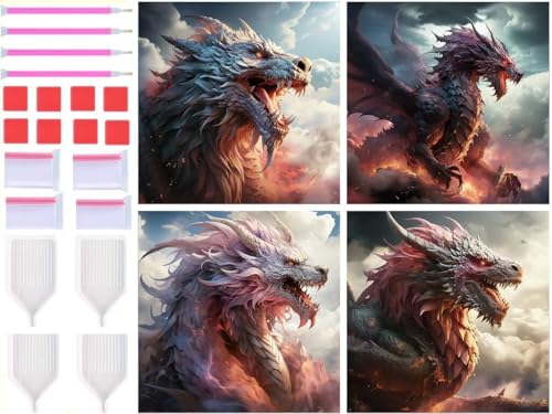 Peinture diamant dragon kit complet 4 toiles pour activité créative en famille