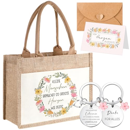 Tenare 4 Piezas de Set de Regalos de Agradecimiento para Día del Maestro Bolso de Yute para Profesora Llavero de Metal Grabado Tarjeta de Arcoíris y Sobre para Despedida Educador(Profesor)