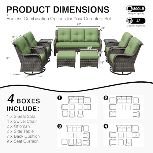 Image of Joyside 9 Piece Wicker Patio Furniture Set, Outdoor Swivel Rocker Patio Chairs with High Back, Deep Seating, Wide Armrest, Thickened Cushions, Outdoor Furniture for Deck, Porch Use