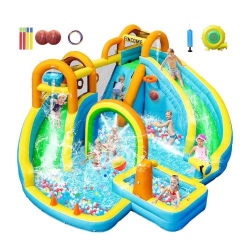 Inflatable Water Slide, Bounce House with 2 Slide for Kids, Inflatable Waterslide Park with Splash Pool, Basketball Hoop, Ball Shooting & Water Cannon for Backyard, Outdoor, Indoor