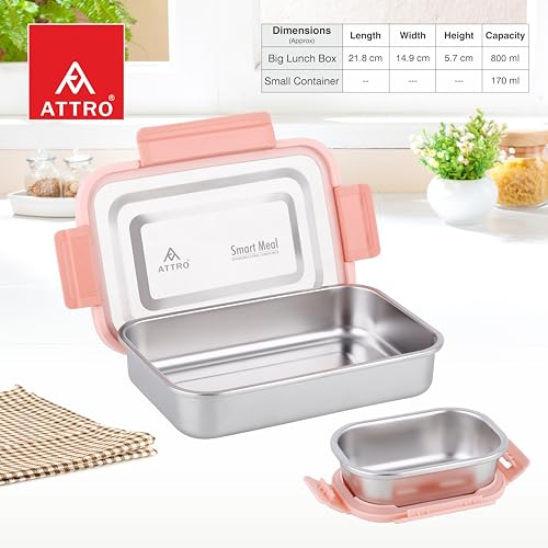 Image of ATTRO Smart Meal Medium Stainless Steel Lunch Box with 1 Small Container Airtight Spill-Proof BPA Free Food Grade Ideal for Office, School, Picnic- Peach-800ml+170ml