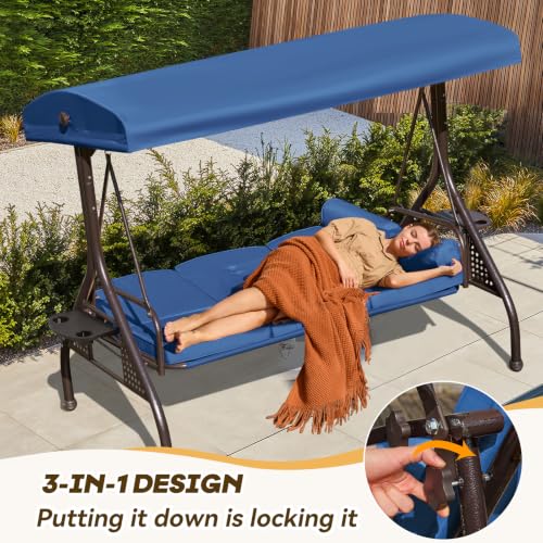 Image of 3 in 1 Outdoor Porch Swing with Adjustable Canopy, 3 Seat Outdoor Swing for Adults, Patio Swing Chair with Thickened Cushions,Pillows & Cup Holders for Backyard, Porch, Garden (Blue)