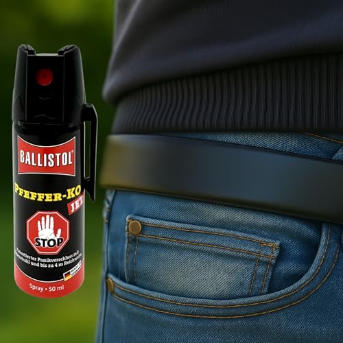 Pfefferspray mit Panikverschluss 50ml – KO-Spray & Tierabwehrspray zur Selbstverteidigung mit 4m Reichweite – Sicherheits-Set inklusive lauter Signalpfeife (1)