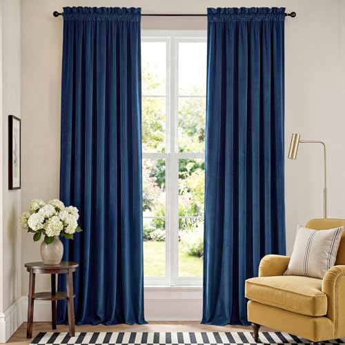 Image of Blackout Dark Blue Velvet Curtains Rod Pocket 52x90 Inch 2 Panels | Soft Velvet, For Bedroom & Living Space, Light Shifting Texture, Elegant Drape, Classic, Luxury