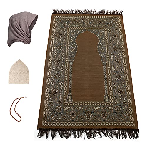 Prayer Rug 4 Pieces Set , Prayer Mat , Muslim Prayer Rug , Free Hijab, Free Prayer Beads and Free Prayer Cap, Great Ramadan Gift, Eid Gift for Men, Women and Kids (Brown) by SAQENZA