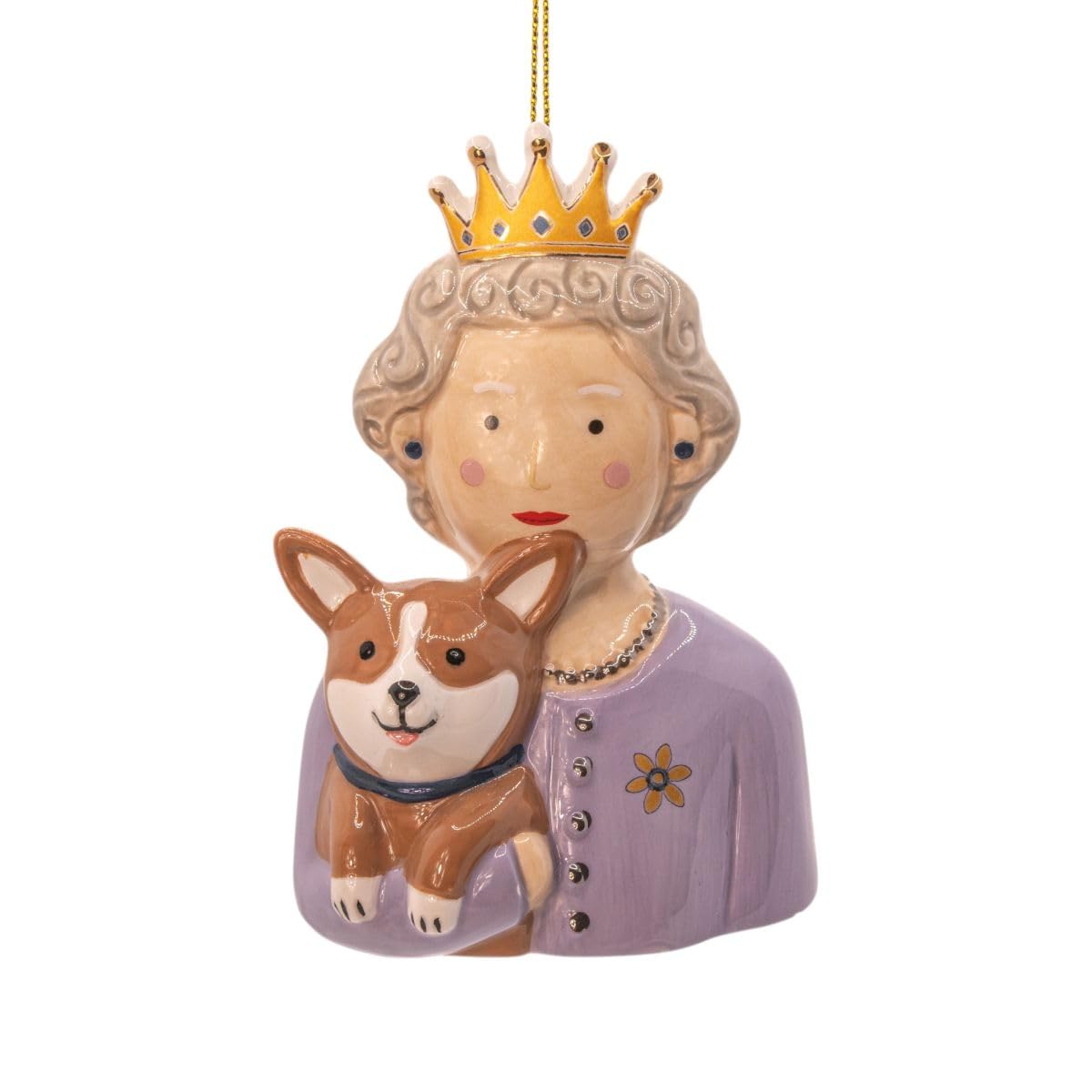Sass & Belle White Ceramic Queen And Corgi Christmas Tree Decoration, Royal Theme, Traditional Style, 10 X 7 Cm