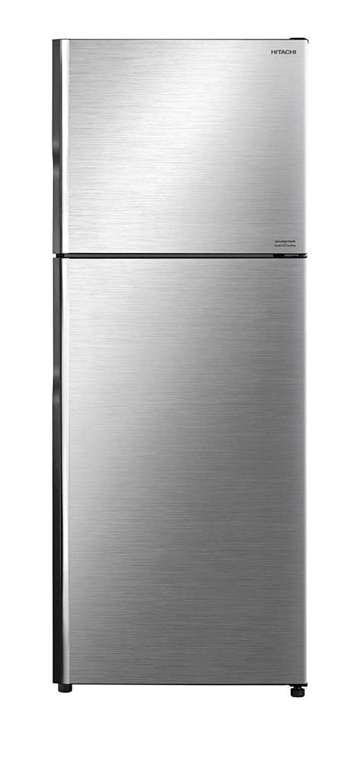 Hitachi R-V470PS8K BSL refrigerator with both doors open, revealing the spacious interior, shelves, and compartments.