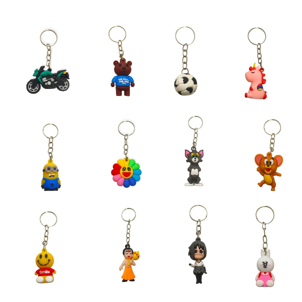 Cute Cartoon Character Keychain Combo – Set of 15 mixed pieces for Bike, Car, and Bag Accessories Kids Return Gift Collection