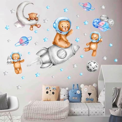 Image of Space Teddy Bear Wall Decals - Moon & Stars Nursery Decor, Baby Room Decor for Girls & Boys, Wall Stickers