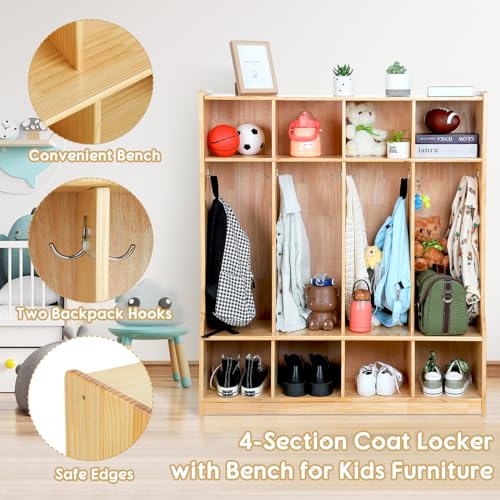 Image of Colingmill 4 Section Coat Locker with Bench Daycare Cubbies for Classrooms Natural Pine Finish Wooden Backpack Cubby Storage Organizer with Hooks for Daycare Classroom and Home