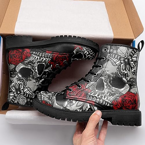 Image of Custom Black Combat Boots for Women Fashion Lace-Up Skull Rose Ankle Booties Chunky Heel Platform Leather Boots