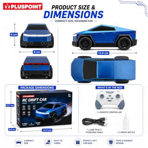 Image of PLUSPOINT 2.4GHz RC Drift Car with Spray Effect | Rechargeable Remote Control Racing Car with LED Lights, Smart Follow & Escape Modes | Mini Drift Vehicle Toy for Kids Age 3+