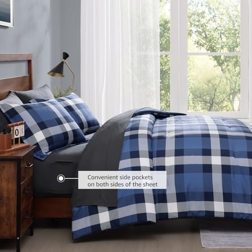 Image of MaiReve Queen Size Plaid Comforter Set Indigo Blue, Classic Checkered 7 Pieces Farmhouse Bedding Set, All Season Lightweight Bed in A Bag with Sheets, Pillowcases & Shams