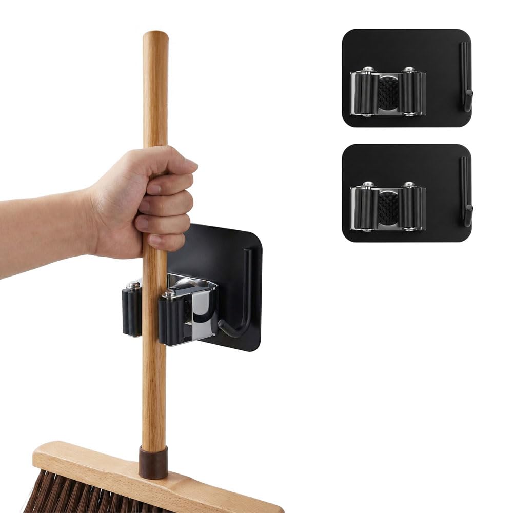 Tezzlon kraft Stainless Steel Broom & Mop Holder with 1 Rack and 1 Hook, Self Adhesive Heavy Duty Wall Mounted Organizer for Bathroom, Kitchen, Laundry, Garage (Black, Pack of 2)-image-15