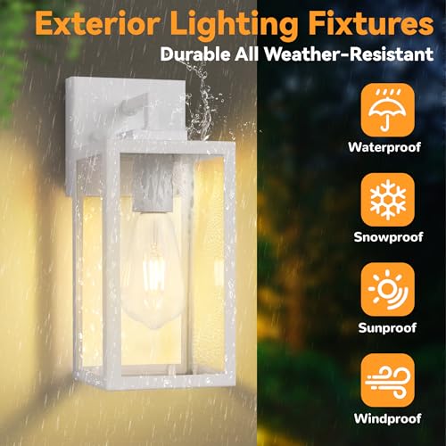 Image of Outdoor Wall Light Fixtures, White Outdoor Wall Lanterns for Porch, 2-Pack | Modern Front Door Lighting with Tempered Glass, Anti-Rust Waterproof Exterior Wall Sconce for House Garage Patio Entryway E26