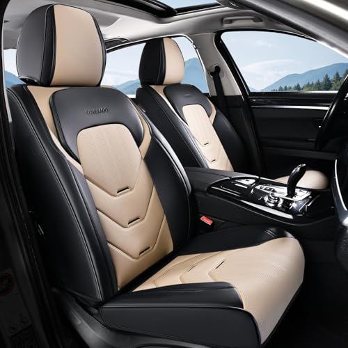 Image of Coverado Front Seat Cover, Black&Beige Seat Cover for Cars, Waterproof Leather Car Seat Cover, Front Car Seat Protector Driver Seat Cover, Car Seat Cushion Universal Fit for Most Sedans SUV Trucks