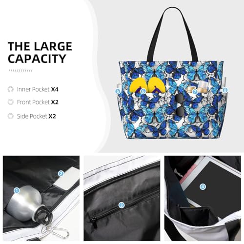 Large Beach Bags Water-resistant Sandproof - Blue and White Butterflies Cute Beach Tote Bags for Women with Zipper3