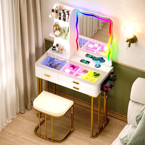 MDGC RGB Makeup Vanity Desk with Wireless Charging Station,7 Dynamic and 7 Static Dimmable Vanity Table with Visible Glass Top,Auto Sensor LED Make up Vanity with Mirror and Lights,Stool