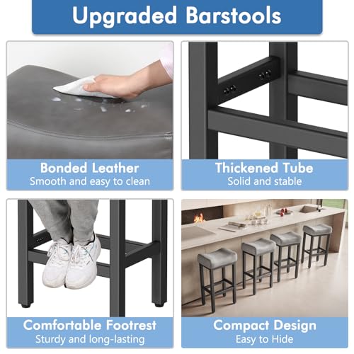 Image of 29 Inch Bar Height Bar Stools Set of 2, 29 inch Barstools for Kitchen Island Counter, Backless Bonded Leather Bar Height Stools with Thick Saddle Seats & Heavy Duty Metal Base, Easy Assembly, Gray /Black