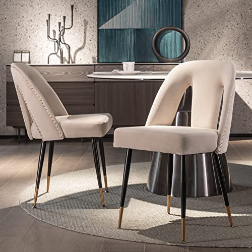 Aoowow Modern Dining Chairs Set Of 2, Velvet Upholstered Side Chairs With Nailheads And Gold Tipped Black Metal Legs (Beige) #TOP6