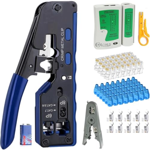 Image of COOLCOLD RJ45 Crimping Tool Kit - Pass Through Ethernet Crimper for Cat7 /Cat6A /Cat6 /Cat5E - Includes 10 Cat7 & 10 Cat6 Connectors, 10 Covers, Universal Stripping Tool & LAN Network Tester