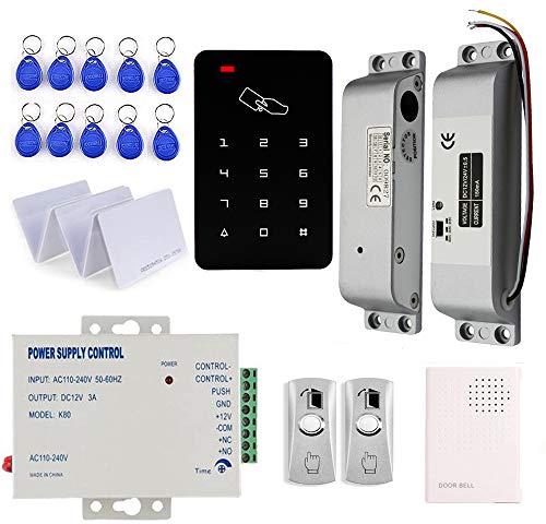 Door Entry System with RFID Keypad Controller Surface Mount Electric Lock Power Supply Push to Exit Button + Door Bell+RFID Keychains/Cards Receptionist can Opens Door for Visitors