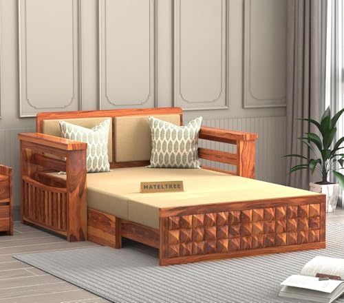 Image of Wooden Sofa Cum Bed | Sheesham Wood Sofa Bed for Living Room | Handmade Heavy Duty Foldable Sofa Cum Bed with Mattress Option | Traditional Modern Design (Allis Honey)