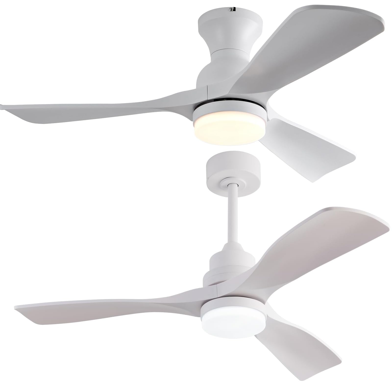 OMYUXBIBI 42 inch Ceiling Fans with Lights,Downrod Mount and Flush Mount 2-Pack,3 Color LED Light, Reversible DC Quiet Motor Modern White Ceiling Fan for Bedroom Indoor Outdoor