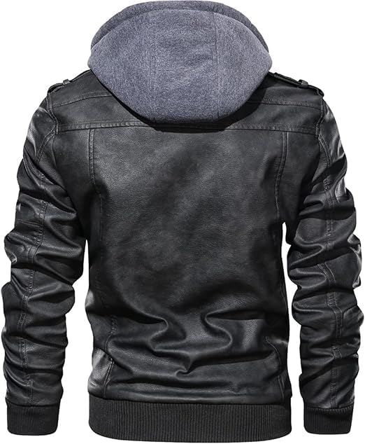 Men's Grey Stand Collar Zip-Up Motorcycle Bomber Jacket - 100% Genuine Cowhide Leather with Removable Hood2