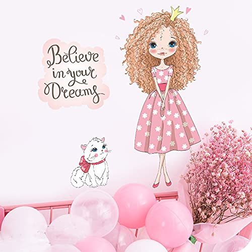 Image of Adorable Girl Cat & Quote Wall Stickers for Kids Room Bedroom Living Room Door Study Boho Nursery Wall Decoration Wall Sticker for Baby Girl Room Bedroom Nursery Playroom Decor-Self-Adhesive