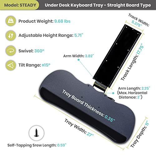 FERSGO Under Desk Keyboard Tray, 27" x 11" Tray, 17.75" Track, One Knob Control, Undermount Sliding Computer Keyboard with Wrist Rest, Adjustable Height and ±15° Tilt by FERSGO - Image 2