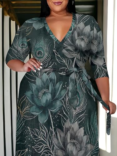 Image of SUZONANA Plus Size Maxi Dresses for Curcy Women Casual Loose 3 /4 Sleeve Long Dress with Belt