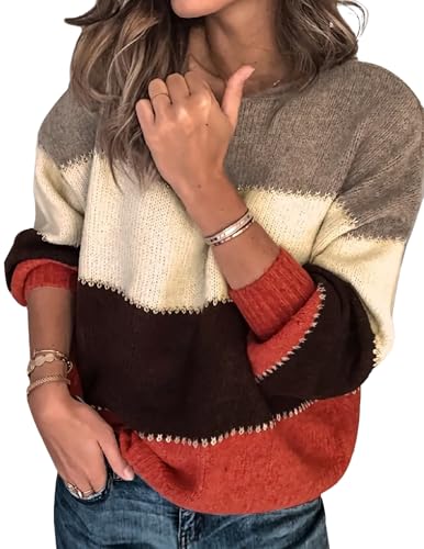 Women's Oversized Cute Color Block Sweaters Fall 2024 Casual Lightweight Ribbed Knit Crewneck Pullover Sweater