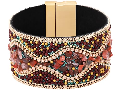 MINACHI Bohemian Retro Style Handmade Beaded Bracelet Cuff Bangle, Full Rhinestone Jewelry for Women