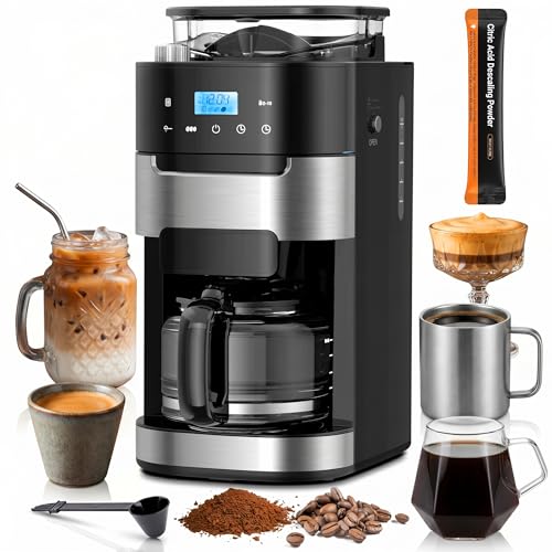 Kismile 10-Cup Digital Drip Coffee Maker with Built-In Grinder, Programmable, 24H Timer, Keep-Warm Function, Customizable Strength & Grind Size, Coffee Machines with Smart LED Touchscreen