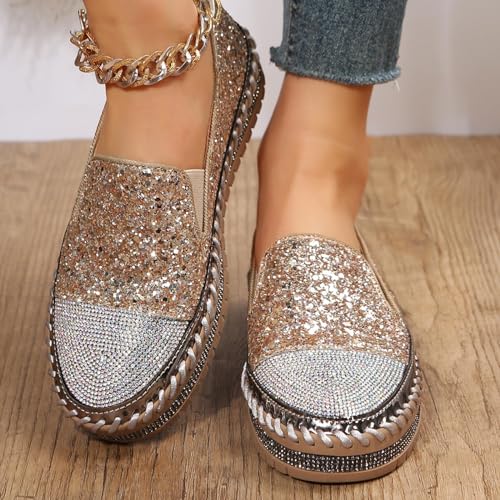 SACFOF Women Rhinestone Platform Loafers Glitter Fashion Slip-On Sparkle Sequin Sneakers Casual Flat Bling Loafers2