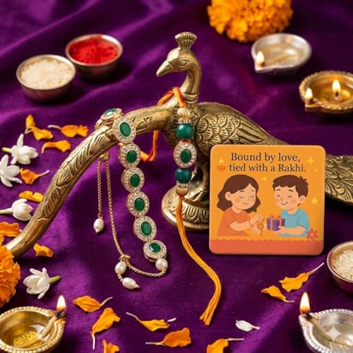Image of SAUDEEP INDIA Decorative Fridge Magnet for Refrigerator Decor | Free Green Stone Couple Lumba Rakhi Set for Bhaiya Bhabhi | Raksha Bandhan Gift Combo Festive Home Decor