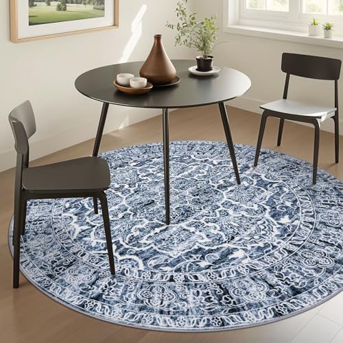 KUTA Round Rugs 6ft, Blue White Circle Rug Washable 6ft, Non-Slip Printed Vintage Medallion Carpet for Living Room Dining Kitchen Indoor Entryway