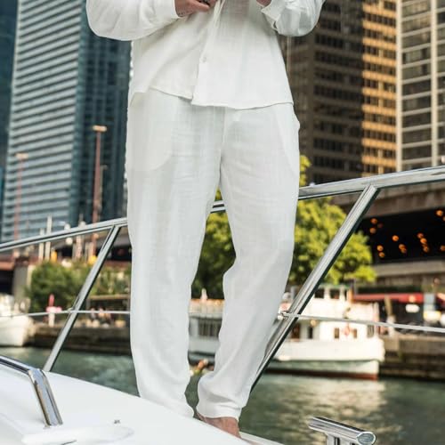 Linen Pants for Men Loose Fit Lightweight Casual Beach Pant Stretch Drawstring Waist Straight Leg Trouser Slacks 20252