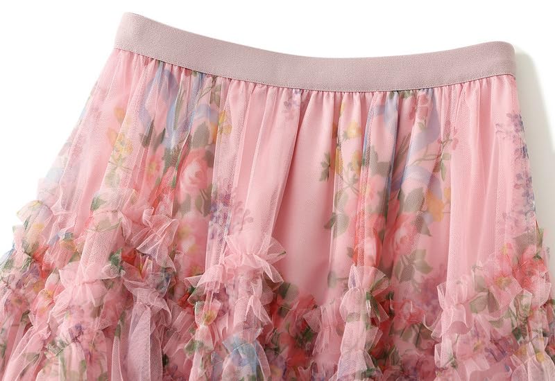 Womens Floral Tulle Skirt with Beads Elastic High Waist Mesh Tutu A-Line Midi Skirts3