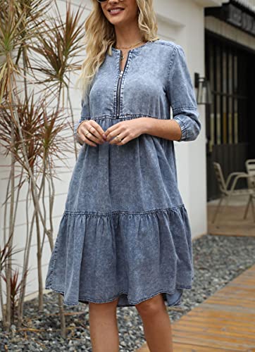 chouyatou Women's Vintage Washed Loose Fit 3/4 Sleeve Tiered Babydoll Mini Denim Jean Dress4