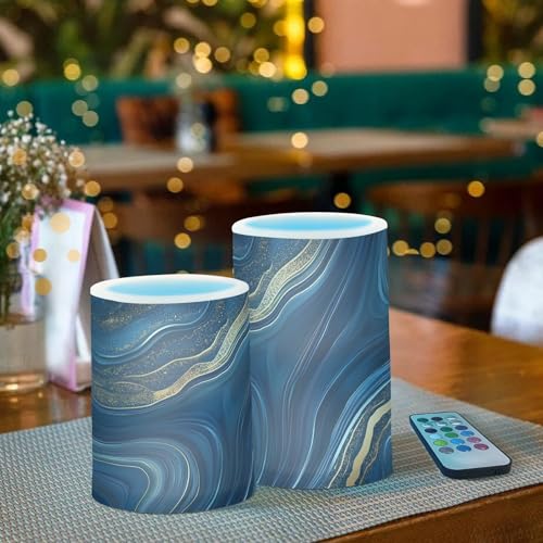 Image of Navy Golden Marble Flickering Flameless Candles LED Battery Operated with Remote Timer Pillar Candles for Home Birthday Wedding Christmas Decor, Set of 2