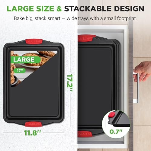 Image of NutriChef 3-Piece Large Nonstick Cookie Sheets for Baking | Premium Food-Grade Carbon Steel, Non-Stick Tray Set with Silicone Handles, Oven Safe up to 446F | Easy to Clean, 17.2 x 11.8 x 0.7 Inch
