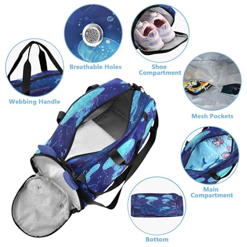 Blue Jellyfish Coral Kids Travel Duffel Bag for Boys Girls Overnight Weekend Tote Bag with Shoes Compartment for Sleepover Trip Beach4