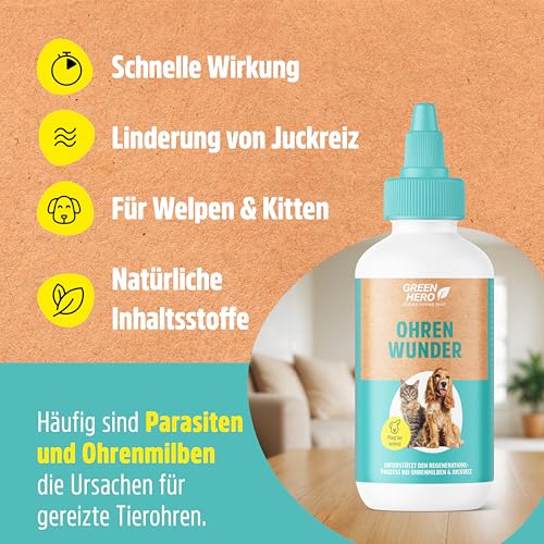 Green Hero Ohrentropfen 200 ml | Bei Ohrmilben und Entzündungen für Katze und Hund unterstützt die Ohrenpflege, den Regenerationsprozess der Haut | Mittel gegen Juckreiz bei Hefepilz & Ohrenentzündung